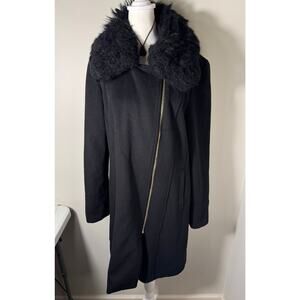 Karl Lagerfeld Paris Asymmetric Zip Faux Fur Collar Black Wool Coat M